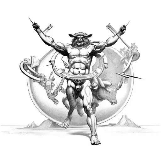 Minotaur, atlas carrying the world, Greek statue tattoo design idea