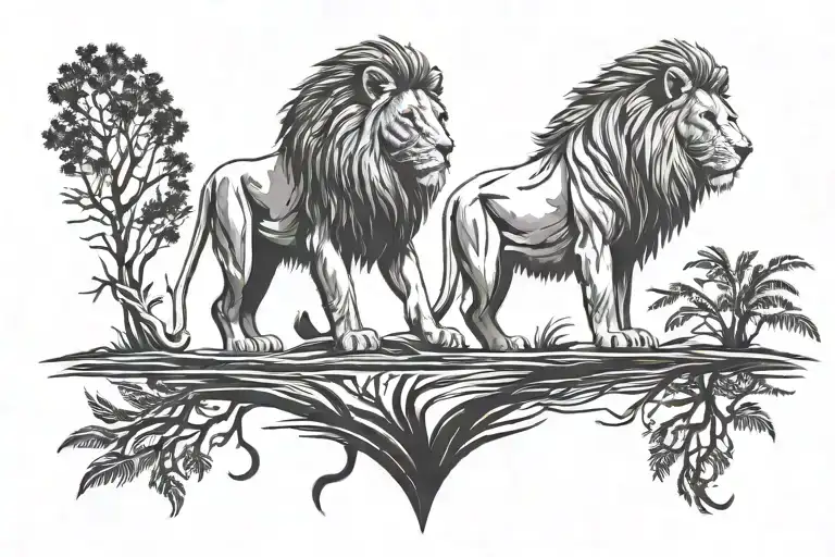 A silhouette of a family holding hands under the African sun, with a majestic lion standing in the background, symbolizing the client's love for family and Kenya tattoo design idea