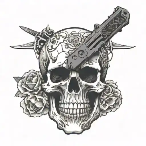 SKULL AND GUN AND KNIFE tattoo design idea