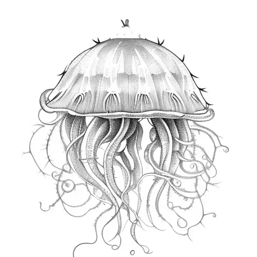 Jellyfish with succulent and cactus engraved in the head and tentacles  tattoo design idea