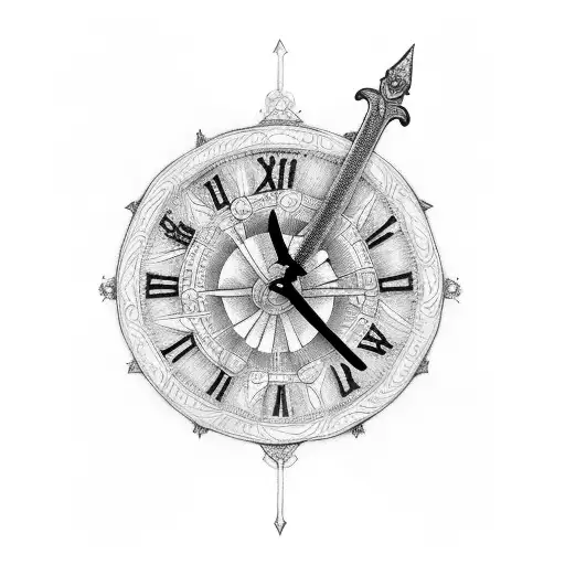 sword with clock and family tree tattoo design idea