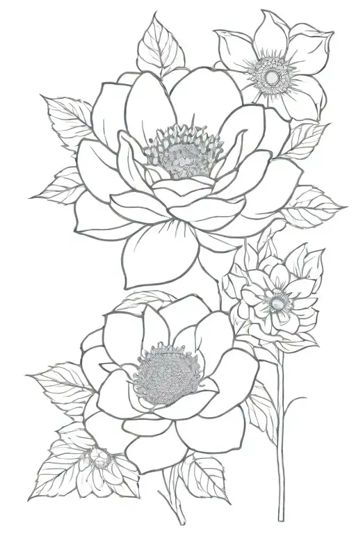 a carnation, a gardenia, a sunflower, a gerbera flowers tattoo design idea
