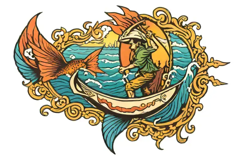 Fire Surf board Fishing tattoo design idea