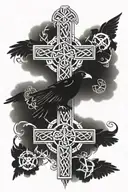 Celtic crosses with raven and tree of life with the letters P tattoo design idea