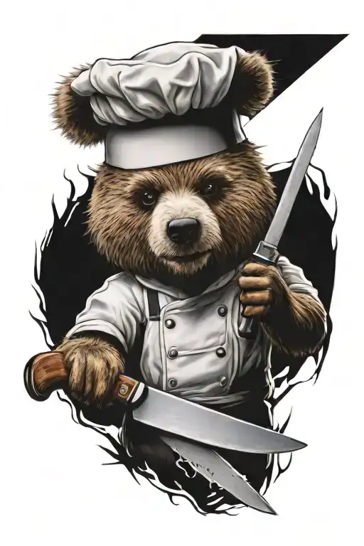 a sarcastic teddy bear who is a professional chef holding a chef knife  tattoo design idea