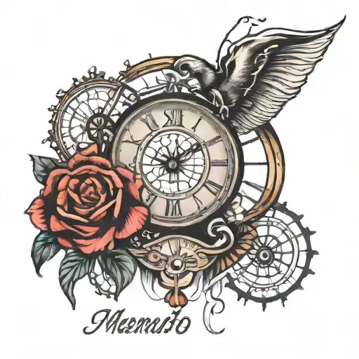 clock, memento mori written tattoo design idea