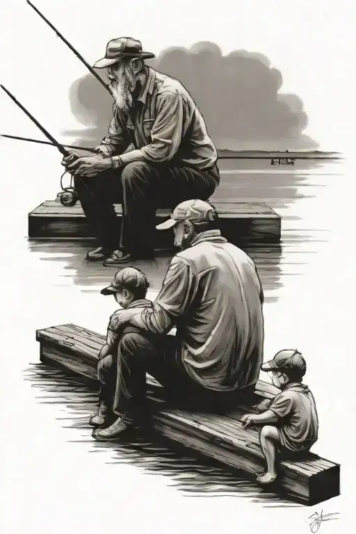 father and son sitting on dock fishing  tattoo design idea
