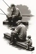 father and son sitting on dock fishing  tattoo design idea