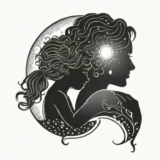 A tattoo design of a mother and daughter silhouette hugging, with a sun and moon symbolizing their bond tattoo design idea