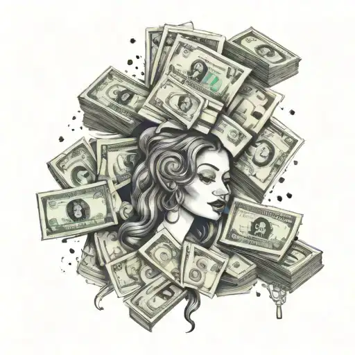 A stack of cash surrounded by musical notes and beautiful women, representing your love for money and music tattoo design idea