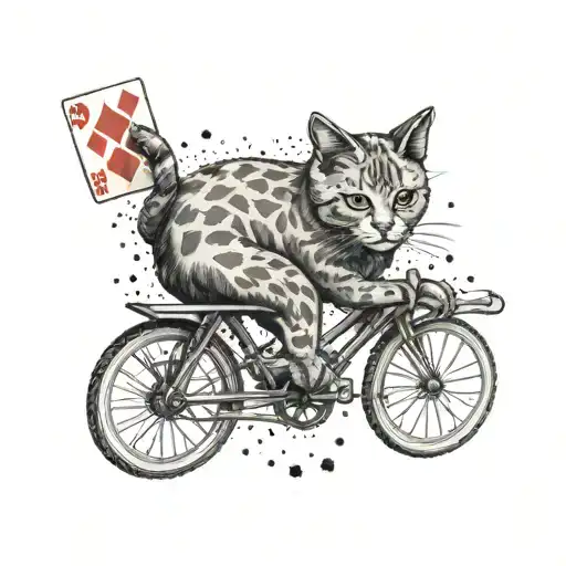 A cat riding a bicycle with a deck of cards in the background tattoo design idea