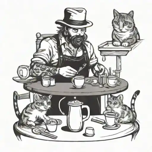 A barista serving drinks at a poker table surrounded by cats tattoo design idea