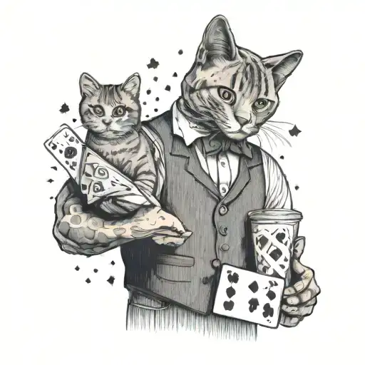 A bartender juggling playing cards and cocktail shakers with a cat perched on their shoulder tattoo design idea