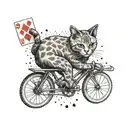 A cat riding a bicycle with a deck of cards in the background tattoo design idea