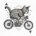 A cat riding a bicycle with a deck of cards in the background tattoo design idea