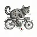 A cat riding a bicycle with a deck of cards in the background tattoo design idea