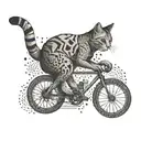 A cat riding a bicycle with a deck of cards in the background tattoo design idea