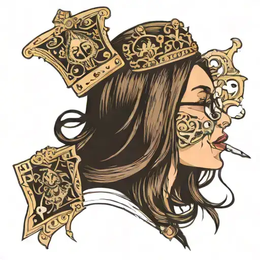 girl in profile, opens mouth, sticks out tongue, glasses, long straight brown hair, big nose, crown, ace of spades tattoo design idea
