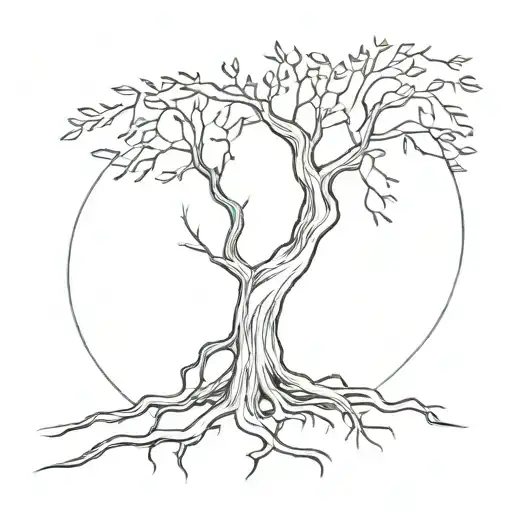 A minimalist tattoo of a tree with roots reaching into the sky, symbolizing the connection between heaven and earth in memory of your son tattoo design idea