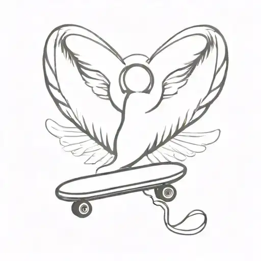 A minimalist tattoo of a skateboard with angel wings, symbolizing your son's love for skateboarding and his presence in heaven tattoo design idea
