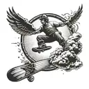 A heavenly scene with clouds, sun rays, and a skateboarder soaring through the sky, representing a spiritual connection tattoo design idea