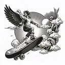 A heavenly scene with clouds, sun rays, and a skateboarder soaring through the sky, representing a spiritual connection tattoo design idea
