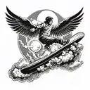 A heavenly scene with clouds, sun rays, and a skateboarder soaring through the sky, representing a spiritual connection tattoo design idea