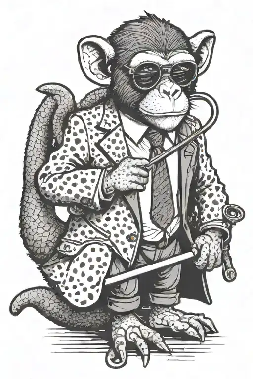 monkey wearing suit pants, have spotty socks,wearing pit viper sunglasses.also be holding a Shepard's crook.  tattoo design idea