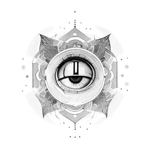 A cultural mosaic made of various artistic symbols and an eye in the center tattoo design idea