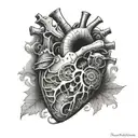 A realistic mechanical heart with the initials of your fallen grandfather engraved on it, representing the love and memories you hold dear tattoo design idea
