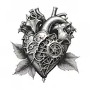 A realistic mechanical heart with the initials of your fallen grandfather engraved on it, representing the love and memories you hold dear tattoo design idea