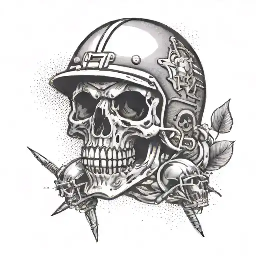 An intricate dotwork tattoo of a punk rock inspired skull wearing a football helmet and lacrosse gloves, with dogs in the background tattoo design idea