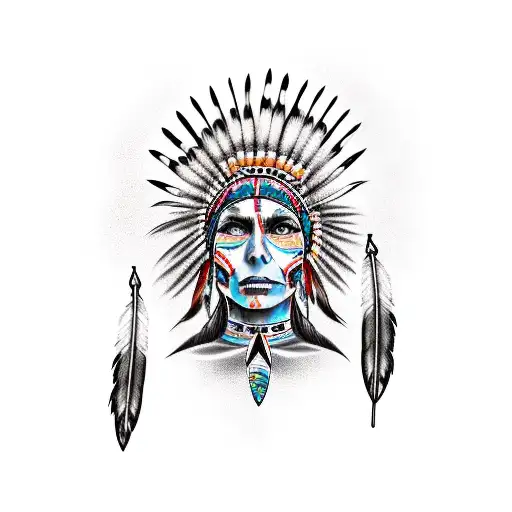 painted american indian catrina with a feather in her hair looking straight ahead tattoo design idea
