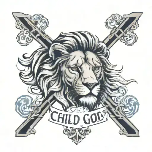 lion with cross in eye and phrase "child of god" tattoo design idea