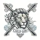 lion with cross in eye and phrase "child of god" tattoo design idea