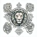 lion with cross in eye and phrase "child of god" tattoo design idea
