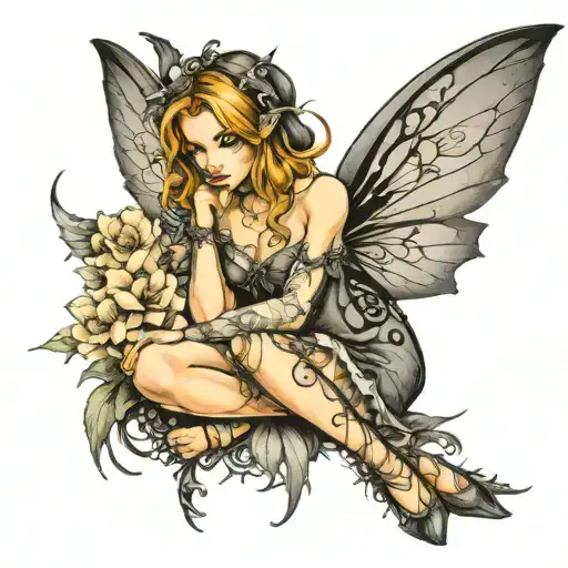 gothic fairy sitting tattoo design idea