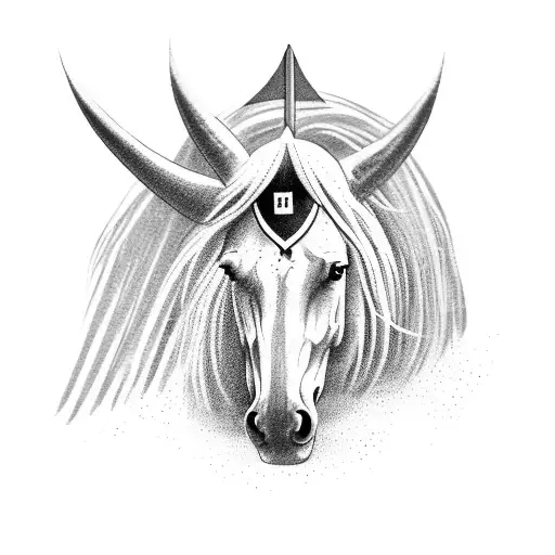 A fierce and majestic luzitam horse charging into battle, with a flag of historical significance waving proudly in the background tattoo design idea