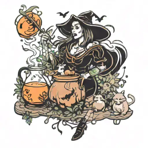 A witch brewing a magical potion surrounded by animals and nature elements tattoo design idea