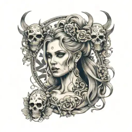 hel nordic godess with skulls surrounded tattoo design idea