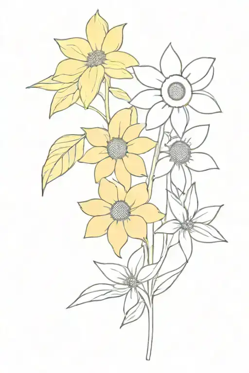 Bouquet of three flowers, sunflower, daisy and daffodil  tattoo design idea