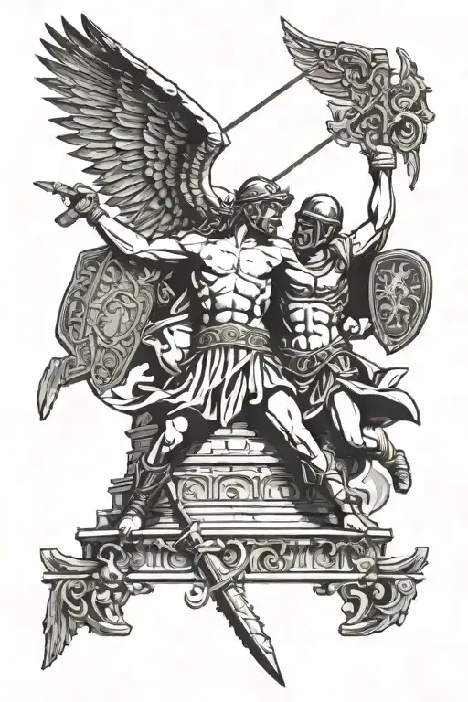 angels from heaven and gladiators fighting in the colosseum tattoo design idea