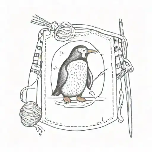 A sketch style tattoo of a man utd shirt pocket with a penguin peeking out, surrounded by knitting needles and yarn tattoo design idea