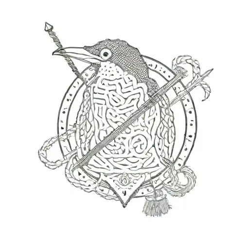 A dotwork tattoo of a man utd logo intertwined with knitting needles and yarn, with a penguin peeking out from a shirt pocket tattoo design idea