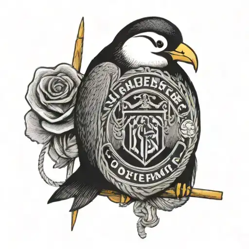A dotwork tattoo of a man utd crest with knitting needles and yarn intertwined, and a penguin peeking out from a shirt pocket tattoo design idea