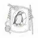 A sketch style tattoo of a man utd shirt pocket with a penguin peeking out, surrounded by knitting needles and yarn tattoo design idea