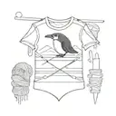 A sketch style tattoo of a man utd shirt pocket with a penguin peeking out, surrounded by knitting needles and yarn tattoo design idea