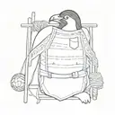 A sketch style tattoo of a man utd shirt pocket with a penguin peeking out, surrounded by knitting needles and yarn tattoo design idea