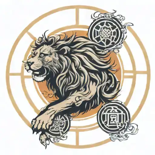 lion and dharma wheel surrounded tattoo design idea