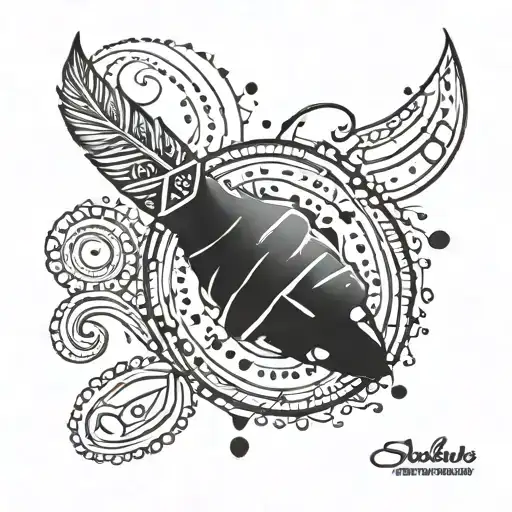 black ring finger tattoo with aboriginal art lines and dots with cursive capital S in the middle tattoo design idea